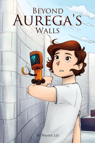 Beyond Aurega's Walls cover image. Jasper looks up at a pale grey wall while holding a robot.