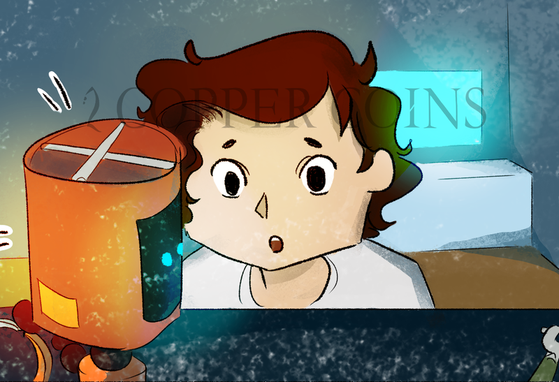 Comic panel example. Jasper crouches in front of his desk and looks at his little orange robot.