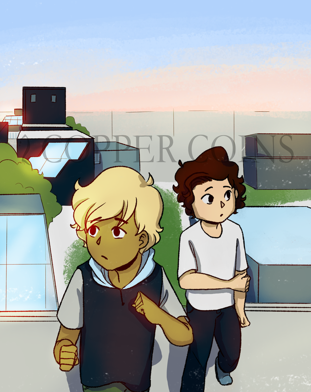 Comic panel example. With the scenery of the sector around them, Jasper and Arlo walk across the Auregan rooftops.
