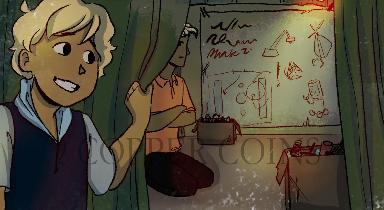 Comic panel example. Arlo smiles and pulls back the curtain to their dusty little fort.