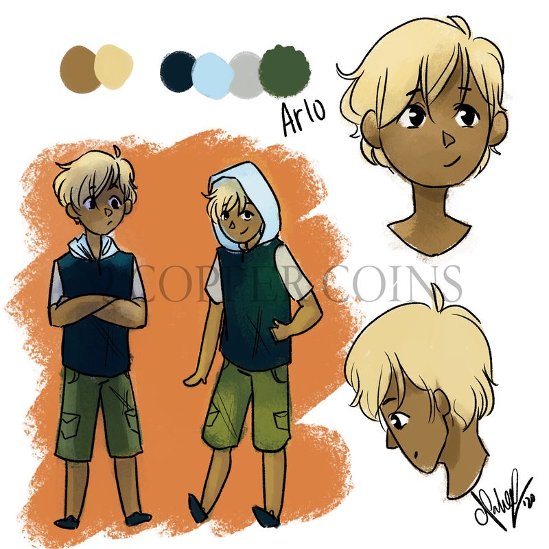 Concept sketches and colour palette of the character, Arlo. Light brown skin, dull blond hair, a blue hooded top, and green shorts. Generally looks like a carefree little boy.
