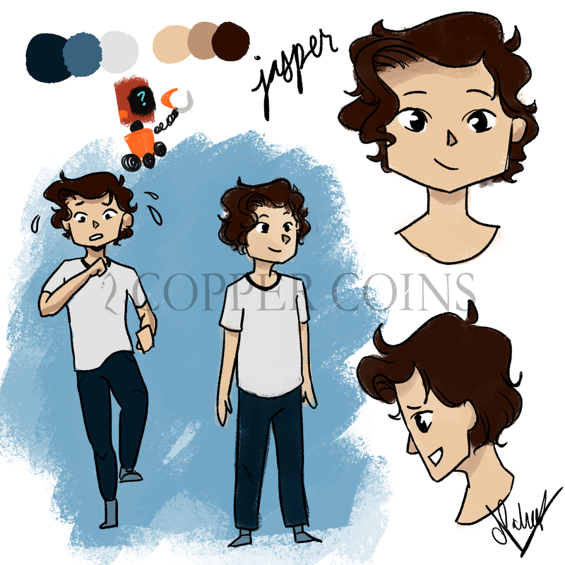Concept sketches and colour palette for the character, Jasper. Pale skin, wavy brown hair, white t-shirt, and navy pants.