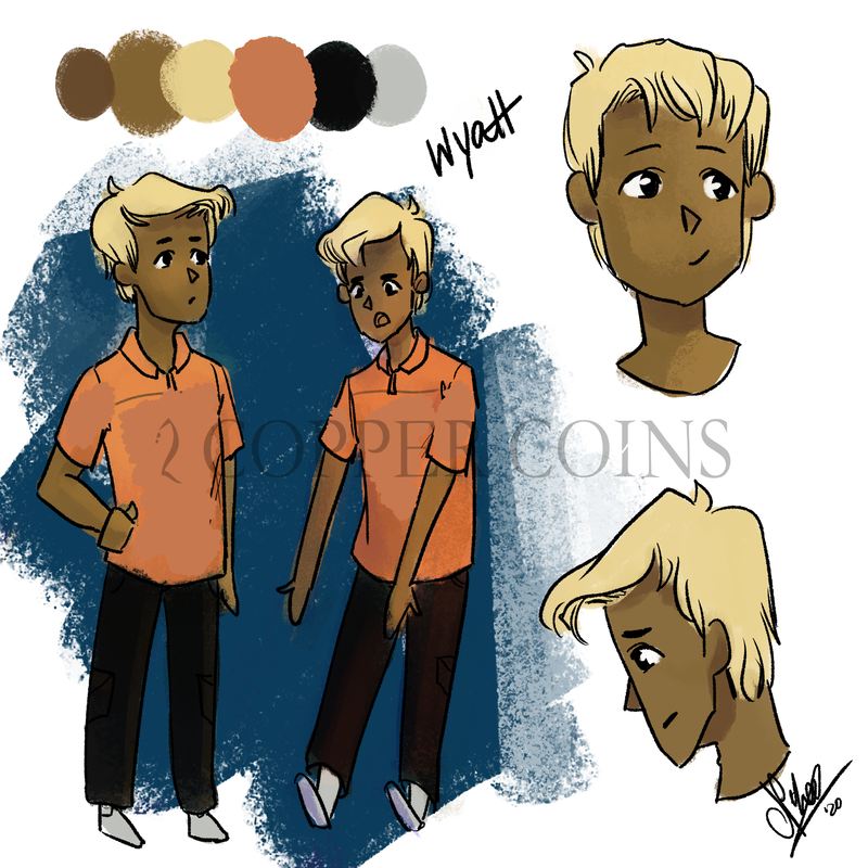 Concept sketches and colour palette for the character, Wyatt. Light brown skin and blond hair like Arlo, orange polo shirt, and black pants. Generally looks like a serious older brother/teenager.