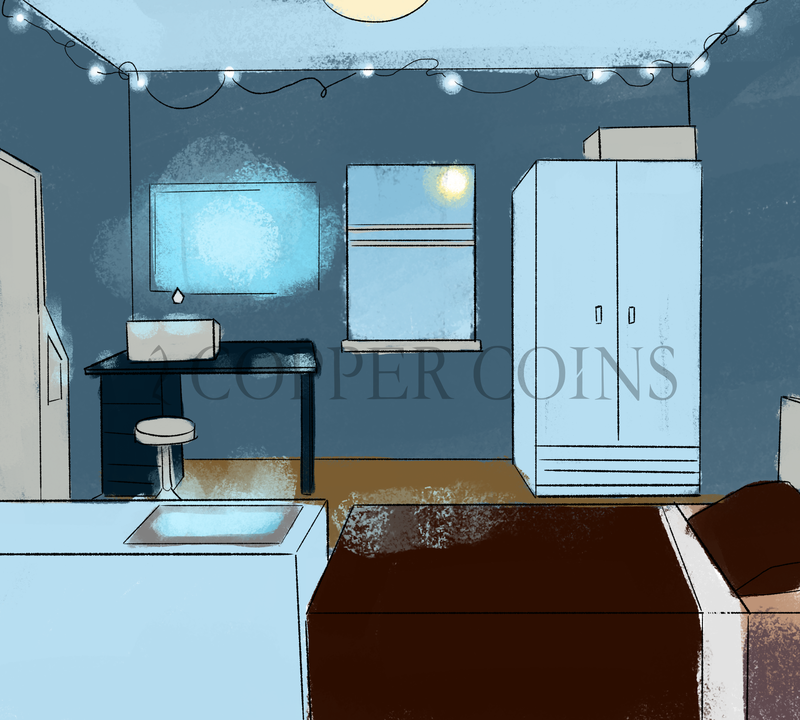 Concept art of Jasper's bedroom, which is mainly blue with high-tech screens, lights, and furniture.